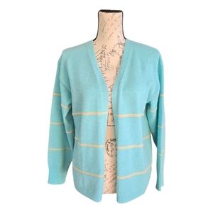 Made With Love Turquoise Cream Stripe Open Front Cardigan Sweater S